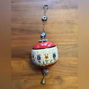 Handmade Hanging Turkish Ornament with Metal ‘Tassle’ & Evil Eyes. Iznik-style.
